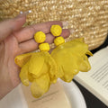 Pink Yellow and White Fabric Flower Statement Earrings view 3