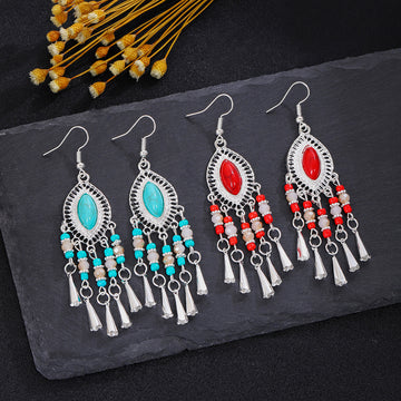 Red Blue and Multicolor Beaded Teardrop Tassel Earrings