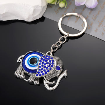 Silver Tone Crystal Blue Evil Eye Elephant Split Ring Keychain