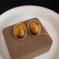 Gold Tone Brown Tiger Stripe Oval Stone Stud Earrings view 3