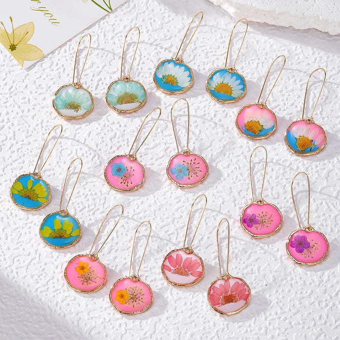 Round Gold Frame Pressed Flower Drop Earrings 8 Styles