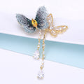 Blue Fabric Butterfly Brooch with Crystal Tassels Dangle Pin view 1
