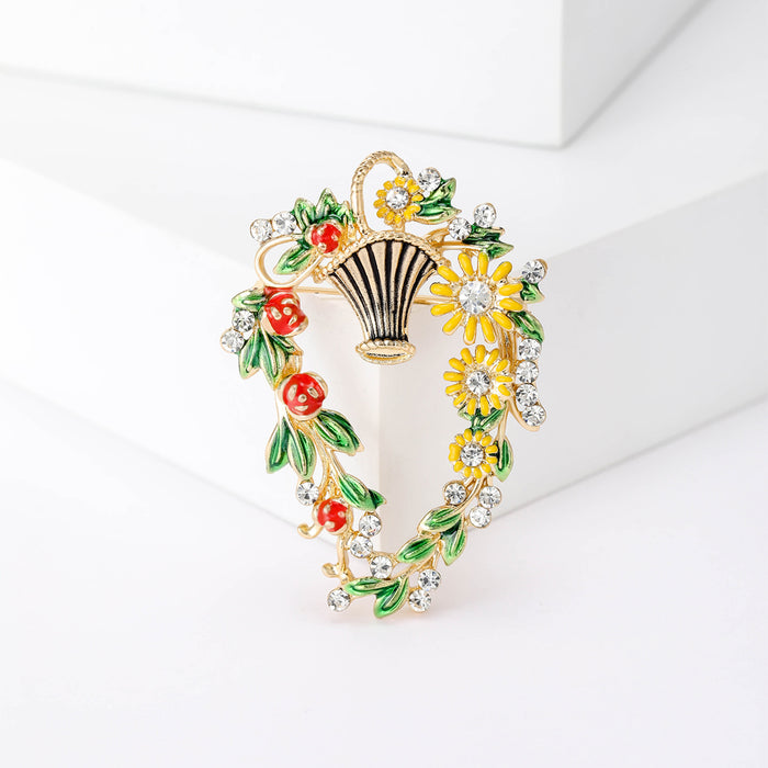 Colorful Flower Basket Brooch With Crystal Accents