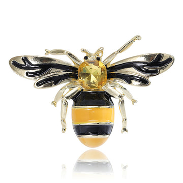 Enamel Bee Brooch Gold Tone Crystal Thorax Stripe Wings Pin