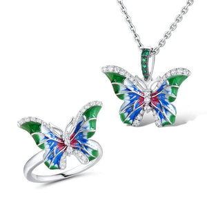 Silver Tone Multicolor Enamel Butterfly Necklace Ring Earrings