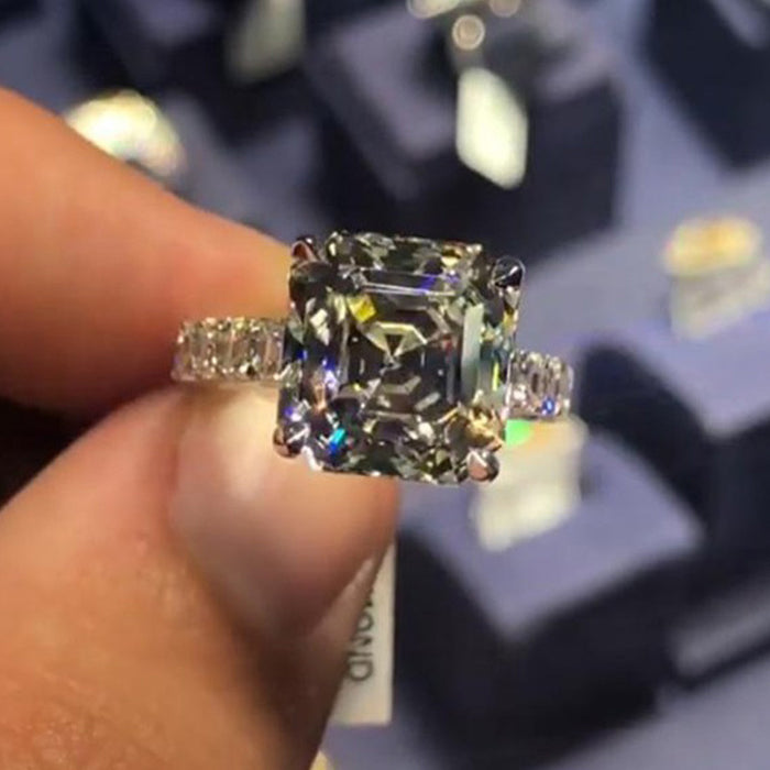 Asscher Cut Clear CZ White Gold Pave Band Finger Ring