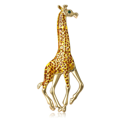 Front view of the crystal spotted giraffe brooch with gold tone legs on a white background