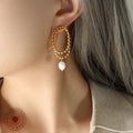 Double Bead Oval Hoop Pearl Drop Earrings Gold Steel view 3