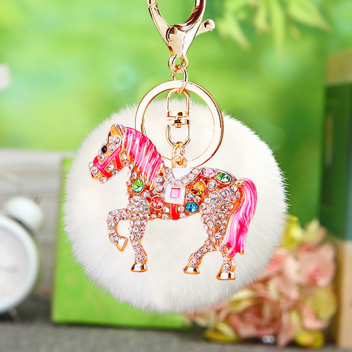 Crystal Horse Keychains with Faux Fur Pompoms in Twenty Two Options