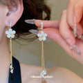 Pink and White Flower Ear Cuffs with Long Gold Tone Chain Drops view 3