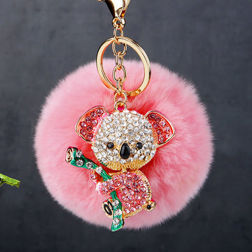 Jeweled Koala Keychains with Faux Fur Poms in Ten Pictured Color Pairings