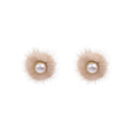 Beige Fur Pom Pom Pearl Stud Earrings Gold Tone Metal Rims view 5