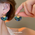 Blue Green Shell Fan Hook Earrings with Gold Tone Tops view 2