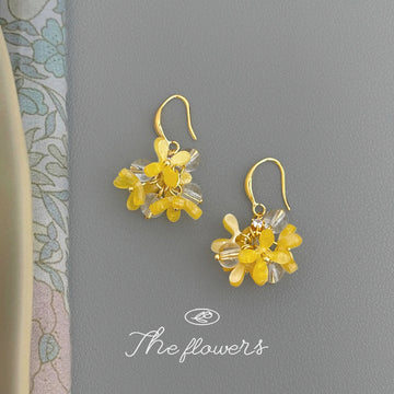 Gold Tone Yellow Resin And Clear Glass Cluster Hook Earrings