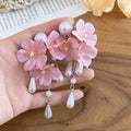 Fabric Flower Pearl Drop Stud Earrings in Three Colors view 1