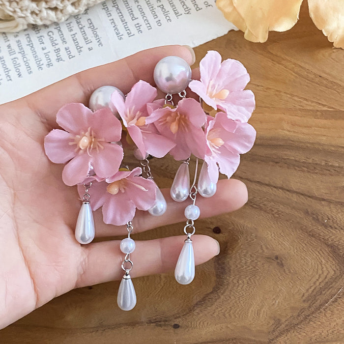 Fabric Flower Pearl Drop Stud Earrings in Three Colors