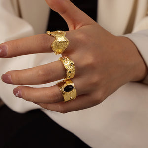 Gold Textured Open Rings Bark Wave Vertical Black Stone
