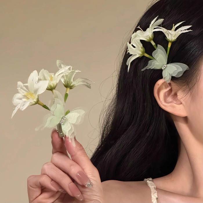 White Fabric Lily Green Butterfly Duckbill Hair Clip Single
