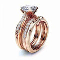 Round Clear Solitaire Engraved Three-Ring Set Rose Gold Tone view 2