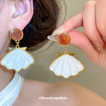 White Shell Fan Drop Earrings with Brown Oval Studs