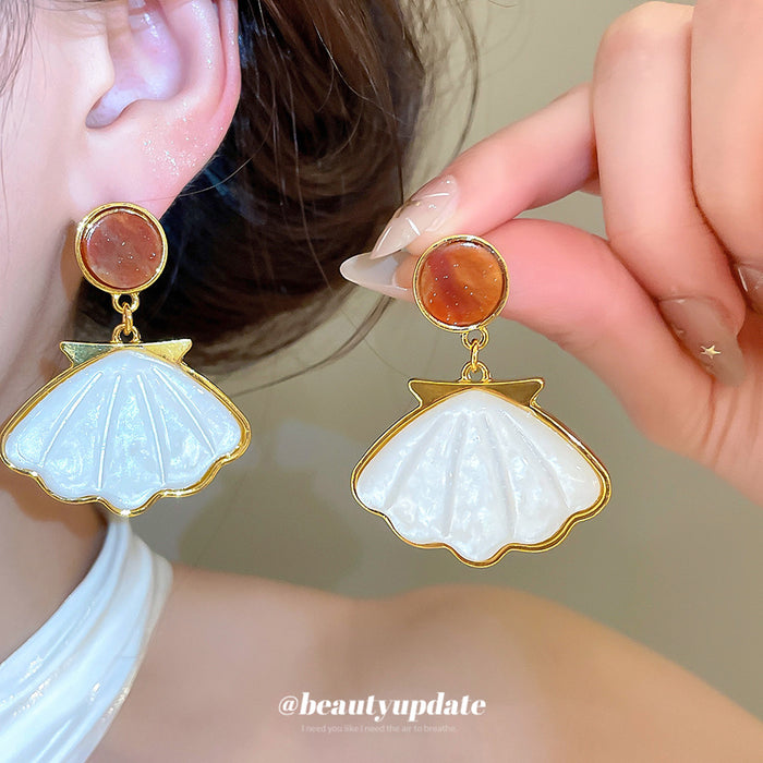 White Shell Fan Drop Earrings with Brown Oval Studs