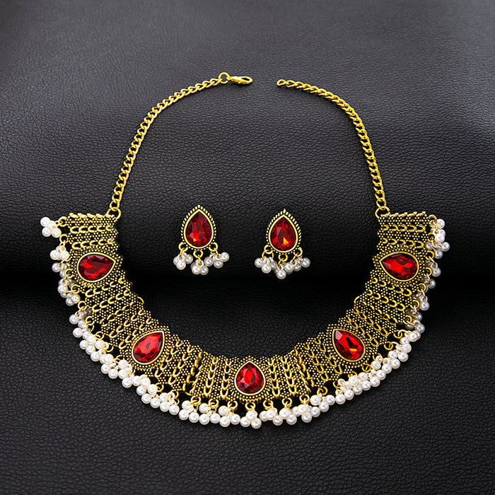 Five Color Ornate Teardrop Necklace and Earring Sets
