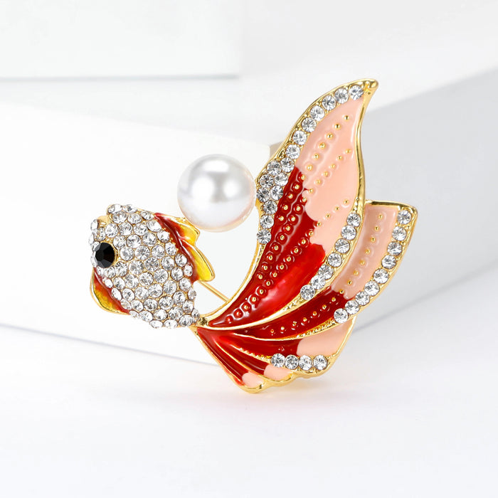 Red Enamel Goldfish Brooch Pearl Back Crystal Head