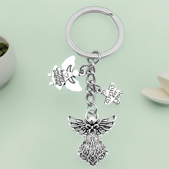 Antique Silver Guardian Angel Wing and Star Charm Keychain