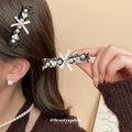 Pink Or Black Lace Heart Pearl Like Bow Hair Clip With Long Ribbons view 3