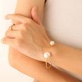 Open Cuff Faux Pearl Dual Ball Bangle Gold Steel Metal view 7