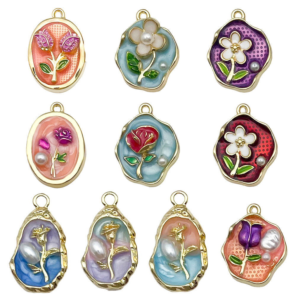 Zinc Alloy Monet Garden Oil Painting Pearl Charm Pendant for DIY Keychain Earrings Necklace