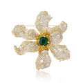 Gold Crystal Flower Brooch Green Center Stone Large Pin view 1