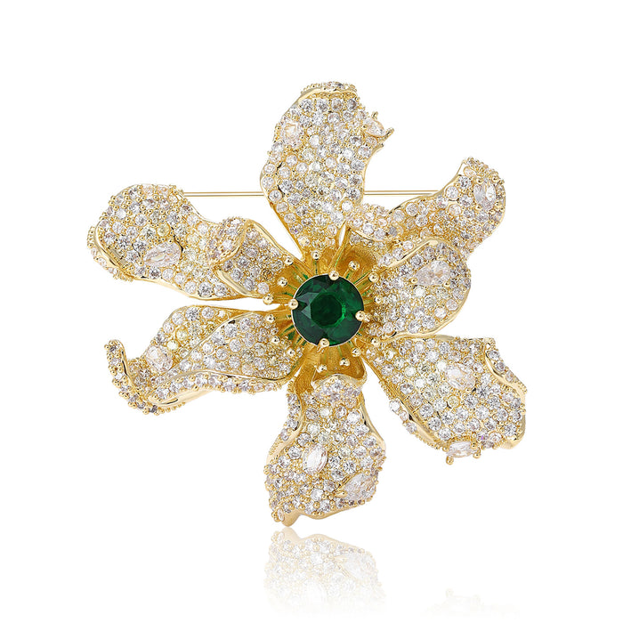 Gold Crystal Flower Brooch Green Center Stone Large Pin