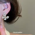 Gold Tone Open Butterfly Flower Crystal Stud Earrings view 3
