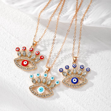 Gold Tone Rhinestone Eyelash Evil Eye Pendant Necklaces