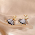 Gold Tone Faceted Fan Shape Crystal Post Drop Earrings in Three Colors view 4