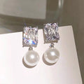 White Metal Rectangle Clear Stone Pearl Drop Stud Earrings view 2