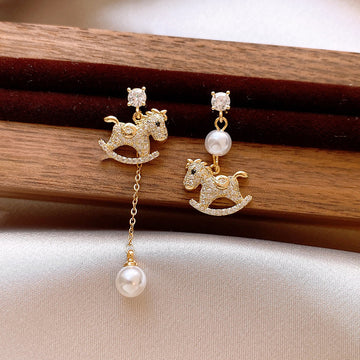 Gold-Tone Rocking Horse Pearl Asymmetric Earrings - One Style
