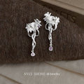 Silver Tone Floral Vine And Purple Teardrop Long Stud Earrings view 1