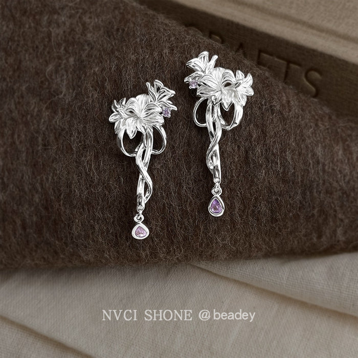 Silver Tone Floral Vine And Purple Teardrop Long Stud Earrings