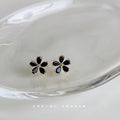 Gold Black Five Petal Flower Crystal Stud Earrings view 3
