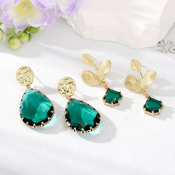 Gold Tone Emerald Green Crystal Teardrop and Leaf Drop Earrings