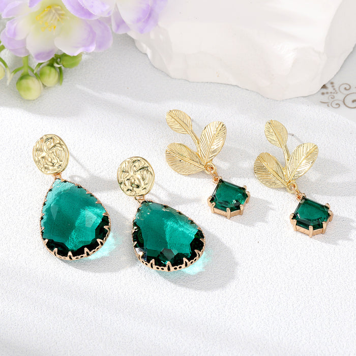 Gold Tone Emerald Green Crystal Teardrop and Leaf Drop Earrings