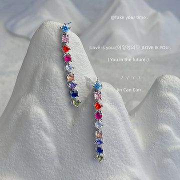 Silver Linear Drop Earrings with Multicolor Rainbow Stones