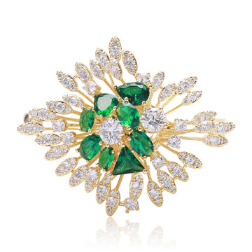 Gold Green Crystal Starburst Leaf Brooch Clear Center Stones