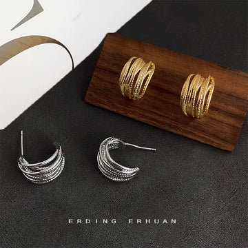 Silver And Gold Tone Layered Ripple Half Hoop Stud Earrings