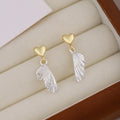 Gold Heart Stud Drop Earrings Silver Feather Wing Charm view 1