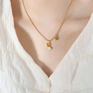 Gold Bunny Face Pendant Necklace Star Charm Ball Chain