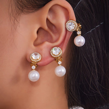 Crystal Pearl Clip Earrings and Crystal Ear Cuffs in Two Finishes