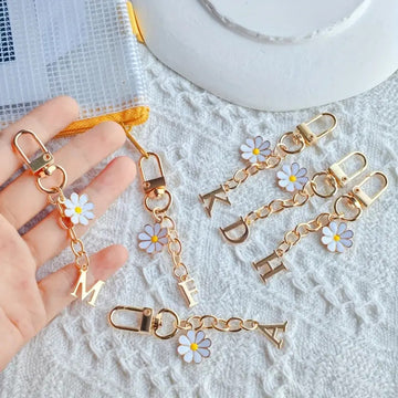 Gold Letter Daisy Flower Keychain Charm With Lobster Clasp